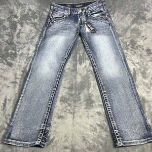 True Luck Jeans Mens 32x32 Classic Embroider Red Straight Fit Stretch Biker NEW